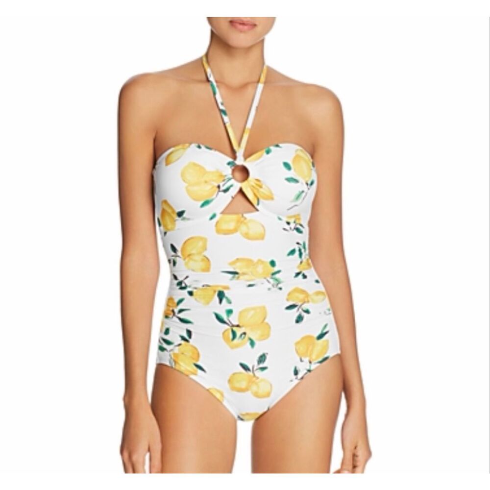 Kate Spade One-Piece Swimsuit Bathing Small Yellow White Lemon Bandeau Halter